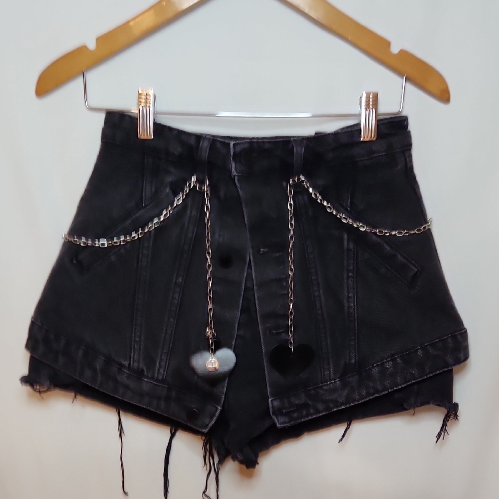 Kroche Black Denim Cut Off Shorts With chain detail Size 40/6